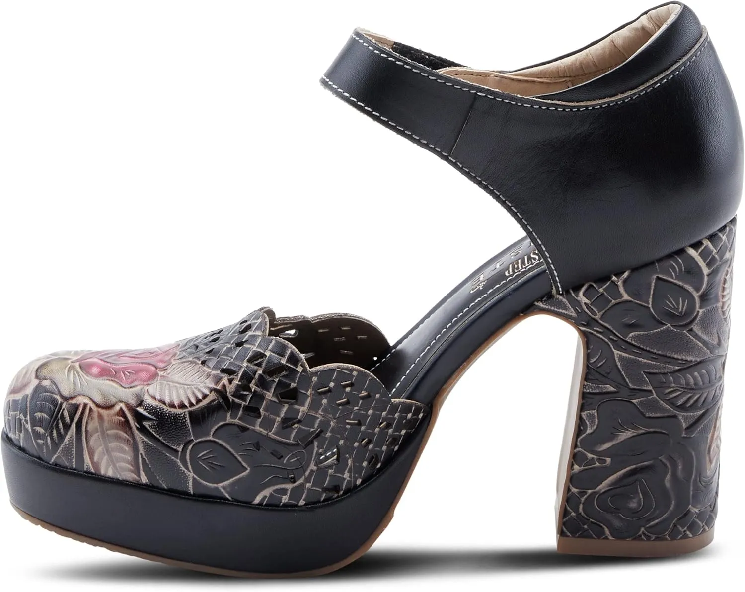 L'Artiste Debbihary Mary Jane Pump Shoes for Women | Pointed Closed Toe High Heels for Women with Rose Embossed Details and Adjustable Ankle Strap