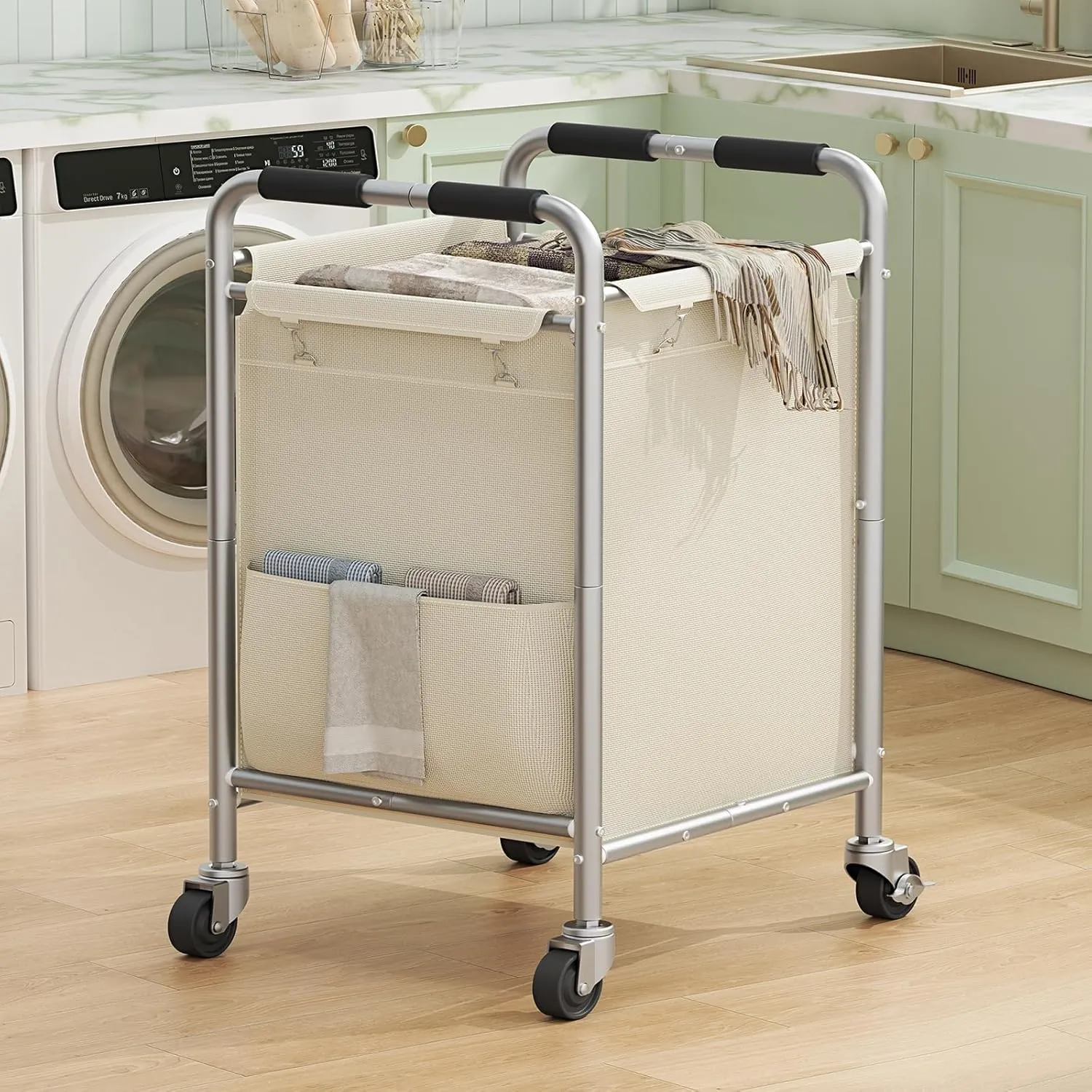 Laundry Basket with Wheels, Rolling Laundry Sorter Cart with Side pockets,47.6GAL(180L) Rolling Laundry Hamper with Removable Bag and Handle for Bedroom, Beige