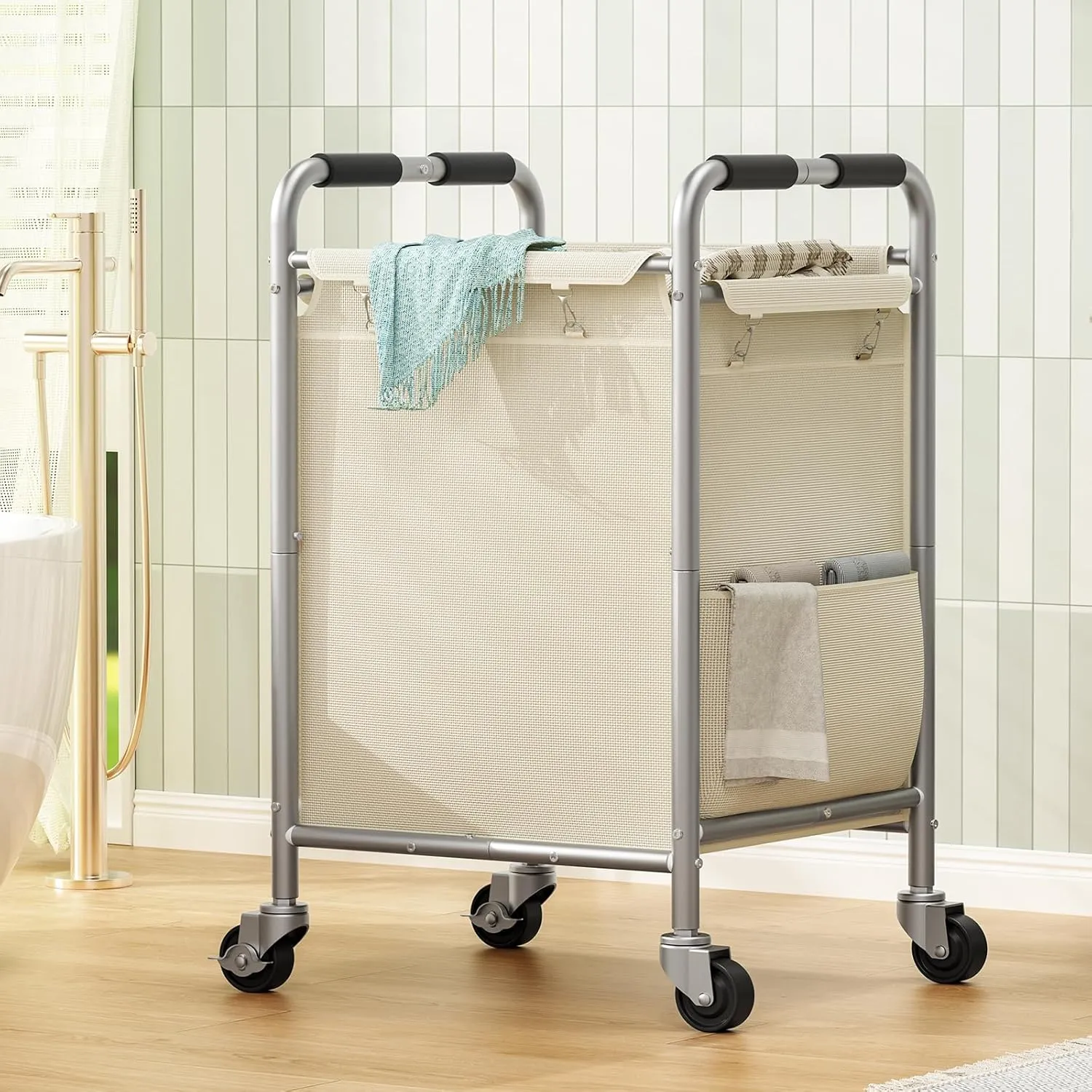 Laundry Basket with Wheels, Rolling Laundry Sorter Cart with Side pockets,47.6GAL(180L) Rolling Laundry Hamper with Removable Bag and Handle for Bedroom, Beige