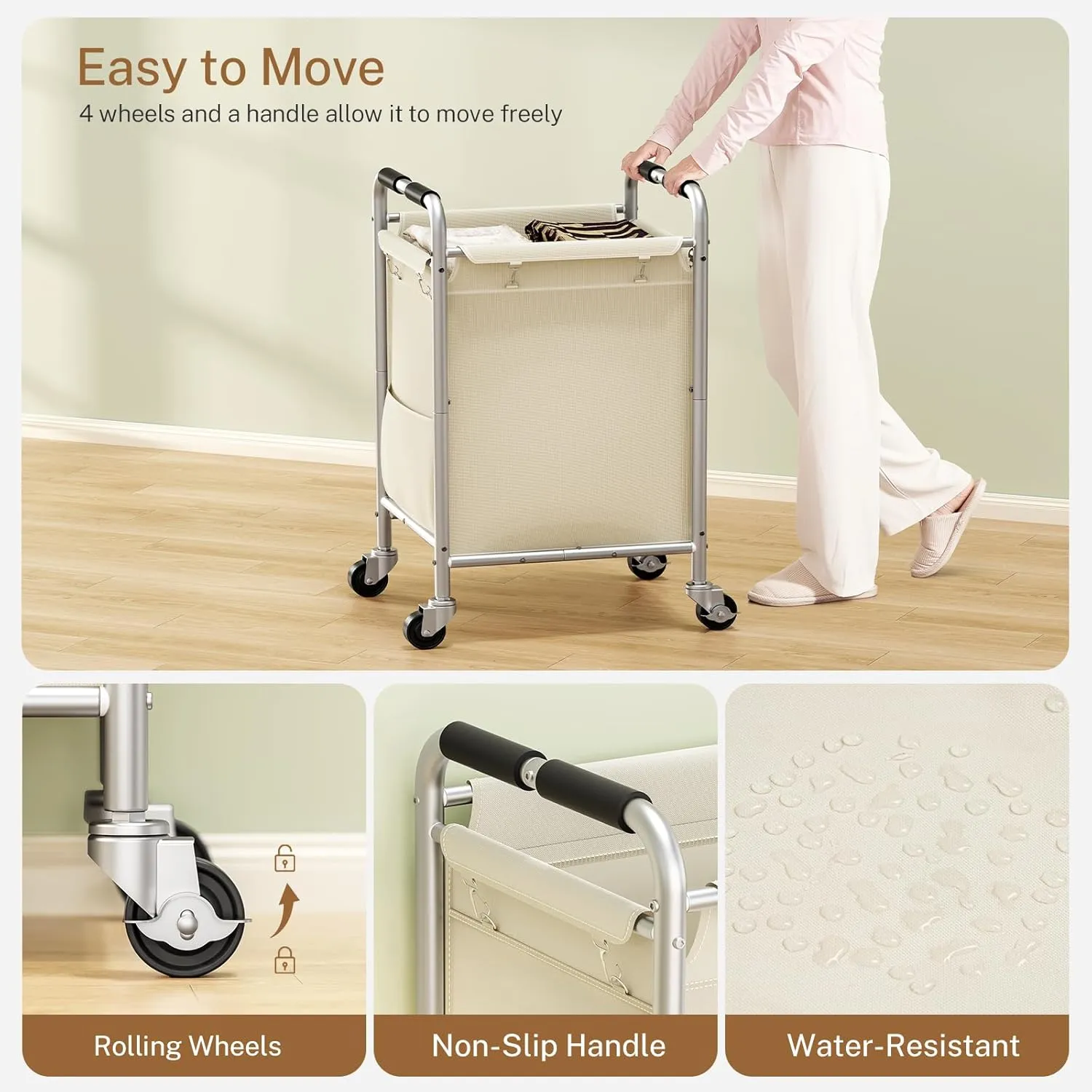 Laundry Basket with Wheels, Rolling Laundry Sorter Cart with Side pockets,47.6GAL(180L) Rolling Laundry Hamper with Removable Bag and Handle for Bedroom, Beige