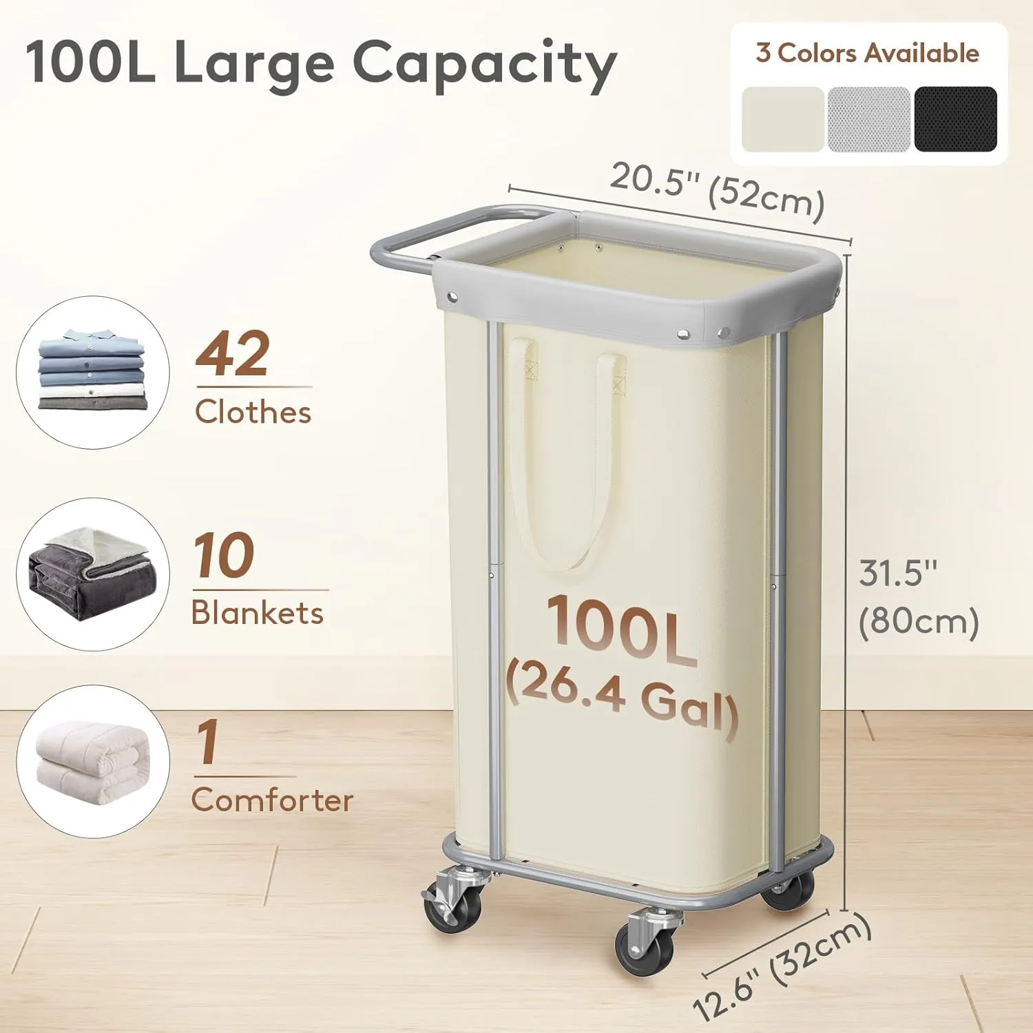 Lifewit 100L Large Laundry Basket with Wheels, Tall 1 Section Laundry Hamper Organizer, Rolling Laundry Cart with Steel Frame & Removable Bag for Luandry Room Bathroom Bedroom, White