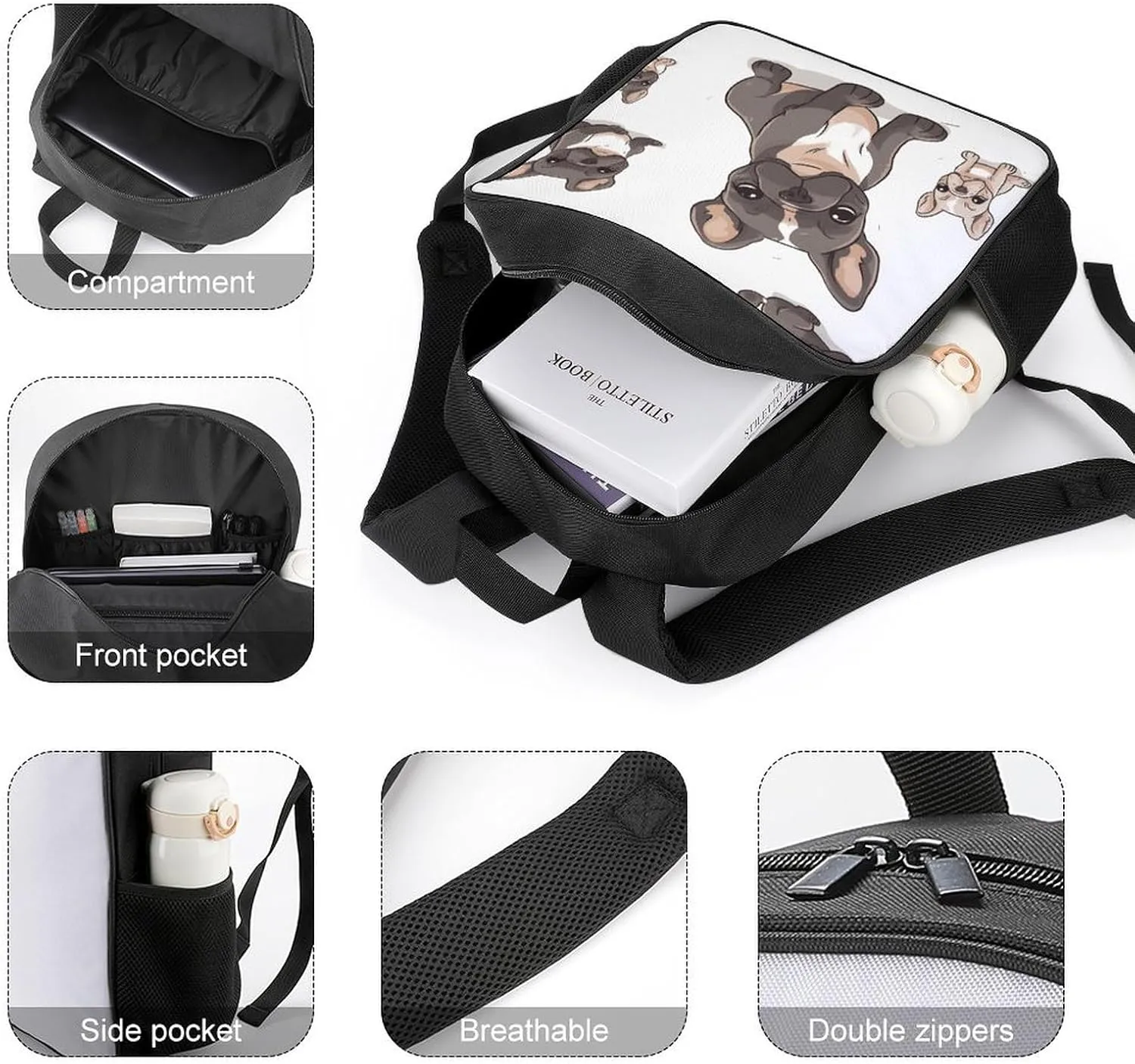 Lightweight Backpacks Cute Travel Bag Durable French Bulldog Printing Small Travel Backpack For Women & Men