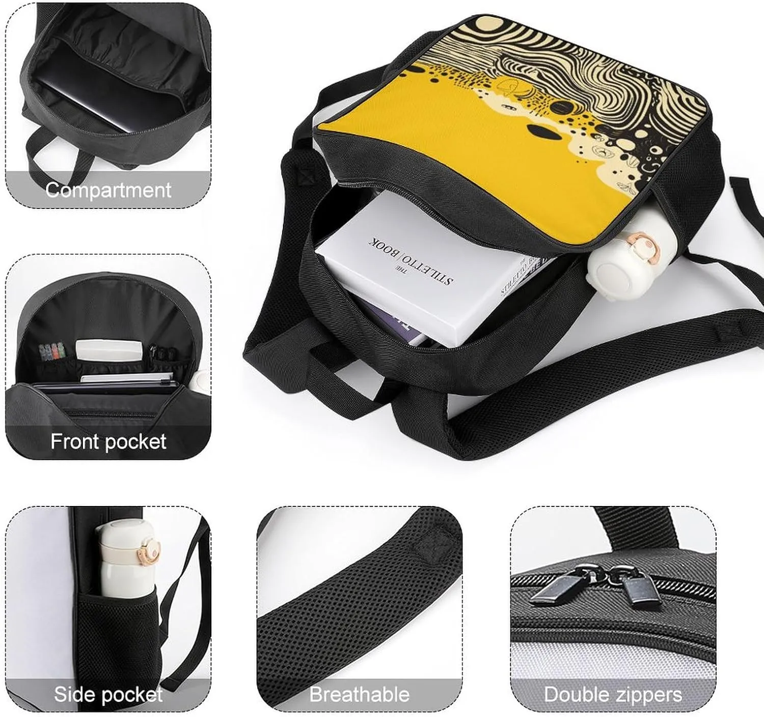 Lightweight Backpacks Cute Travel Bag Durable Mustard Yellow And Black Printing Small Travel Backpack For Women & Men