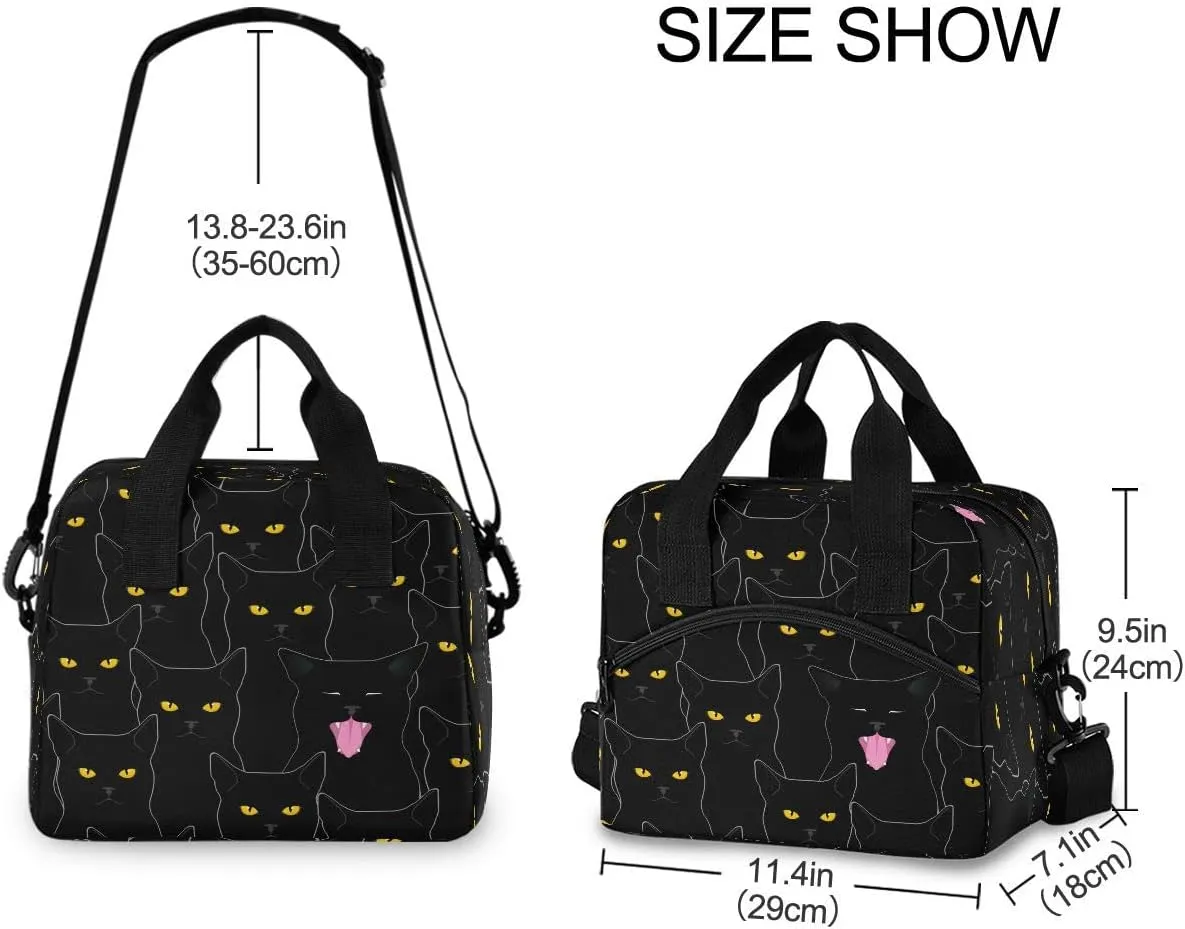 Lunch Bag for Women, Black Cats Pattern Insulated Lunch Boxes Cooler Tote Freezable Shoulder Strap Waterproof Picnic Meal for School Office