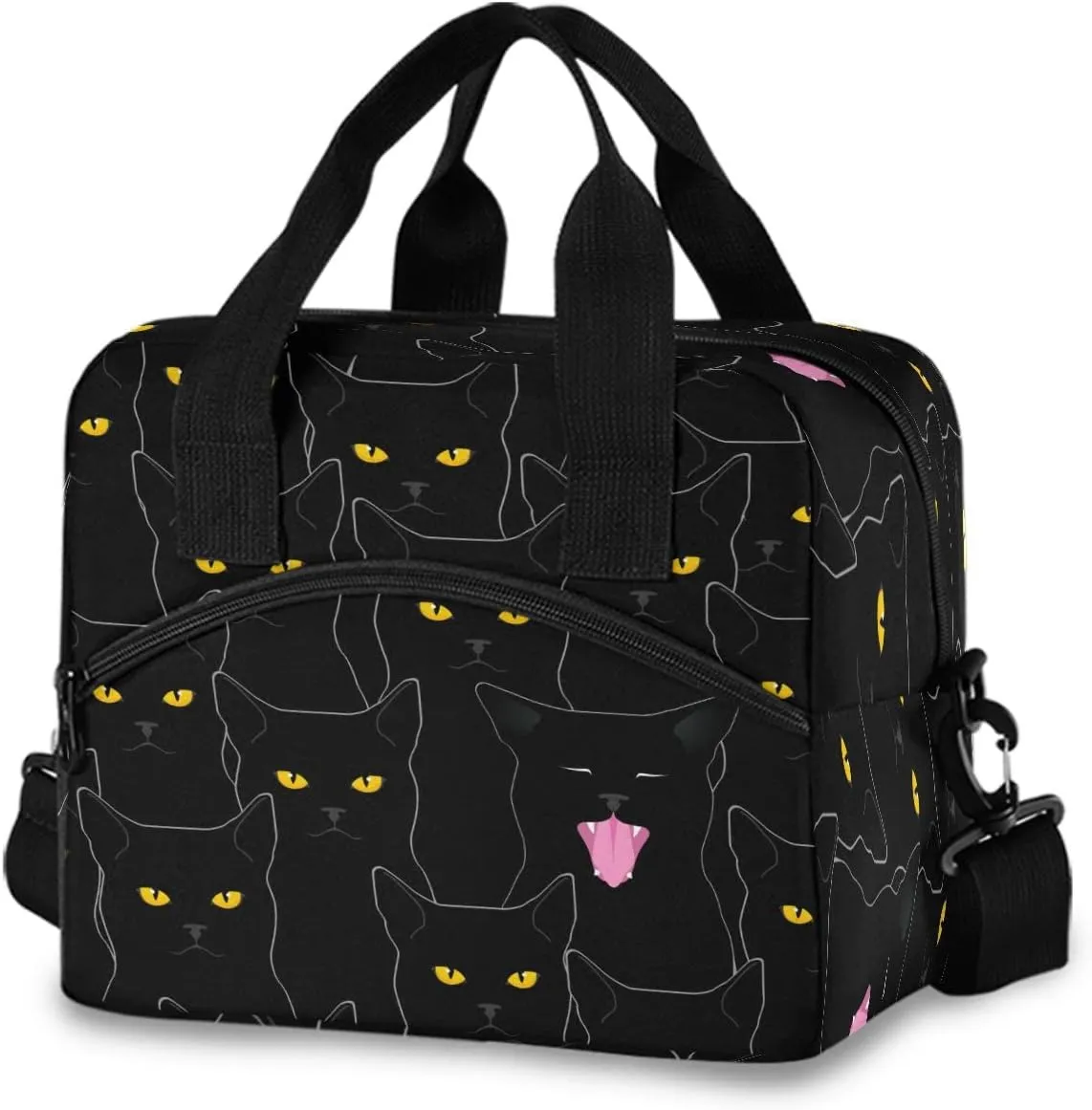 Lunch Bag for Women, Black Cats Pattern Insulated Lunch Boxes Cooler Tote Freezable Shoulder Strap Waterproof Picnic Meal for School Office