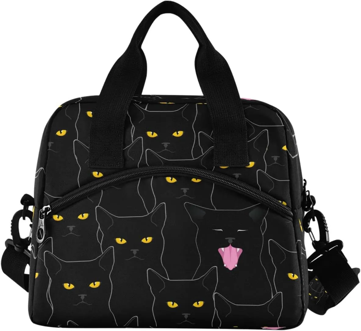 Lunch Bag for Women, Black Cats Pattern Insulated Lunch Boxes Cooler Tote Freezable Shoulder Strap Waterproof Picnic Meal for School Office