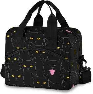 Lunch Bag for Women, Black Cats Pattern Insulated Lunch Boxes Cooler Tote Freezable Shoulder Strap Waterproof Picnic Meal for School Office