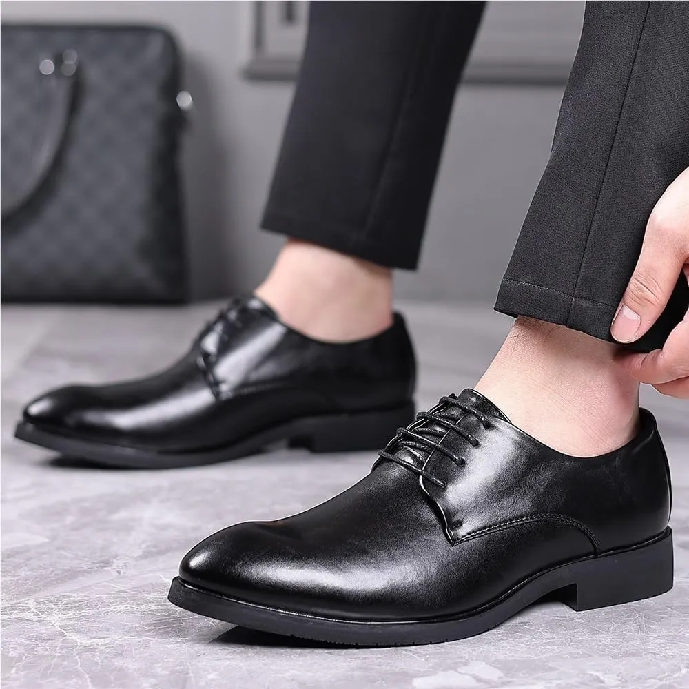 Mens Elevator Dress Shoes Leather Business Office Lace Up Invisible Height Increasing Retro Fashion Wedding Party Flats