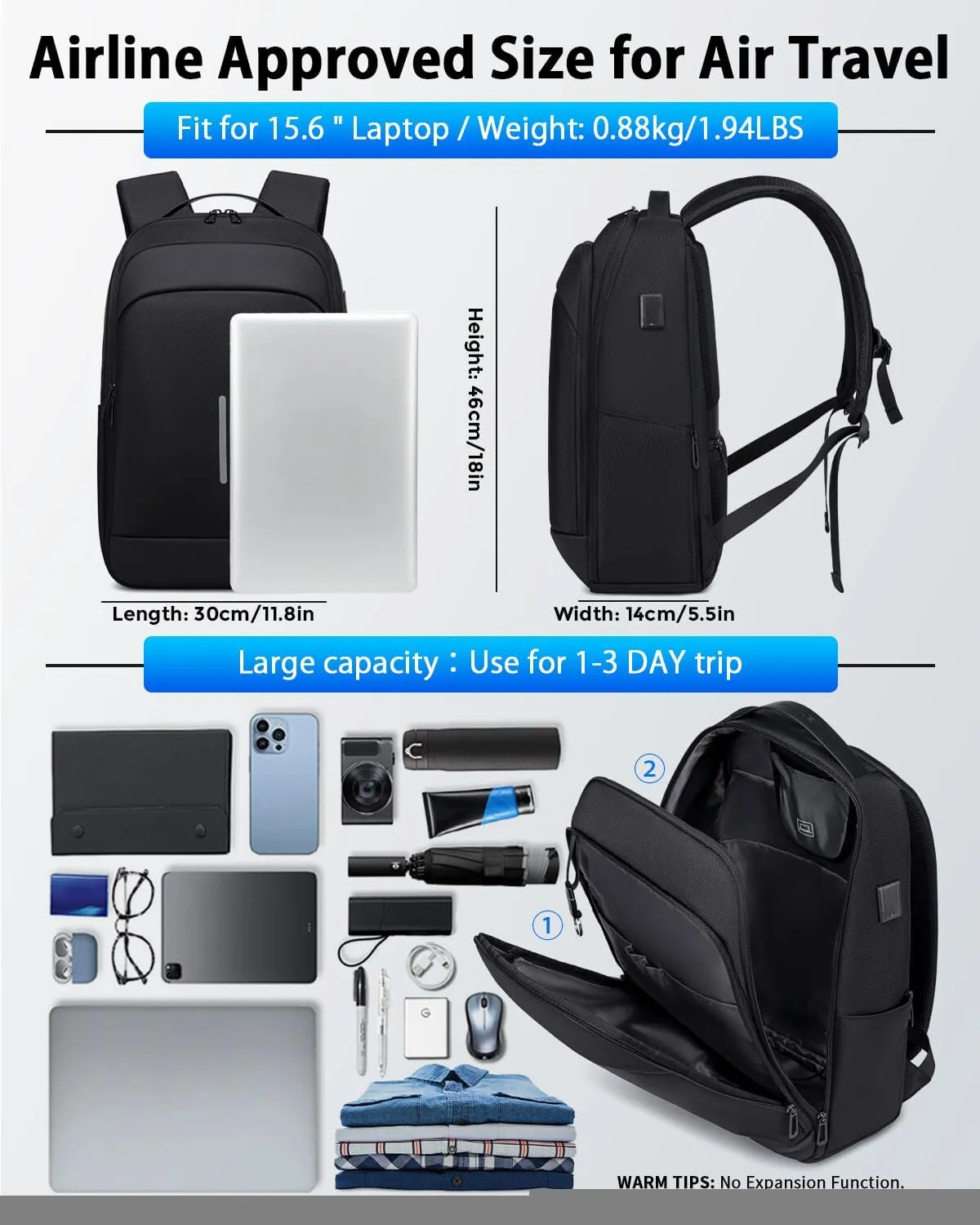 Mens Laptop Backpack for Work, 15.6 Inch Business Computer Backpack with USB Port, Waterproof Slim Daypacks College Travel Backpack Laptop Bag for Men Women, Black