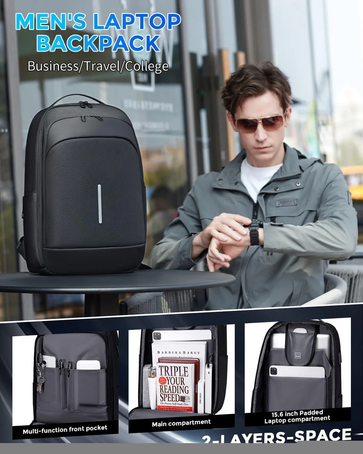 Mens Laptop Backpack for Work, 15.6 Inch Business Computer Backpack with USB Port, Waterproof Slim Daypacks College Travel Backpack Laptop Bag for Men Women, Black