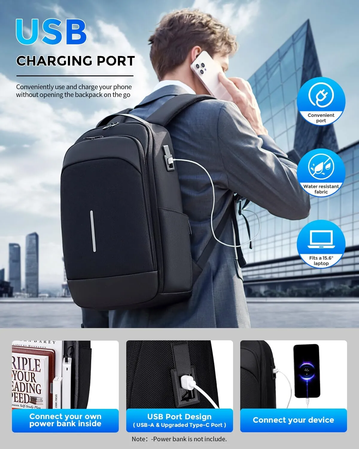 Mens Laptop Backpack for Work, 15.6 Inch Business Computer Backpack with USB Port, Waterproof Slim Daypacks College Travel Backpack Laptop Bag for Men Women, Black