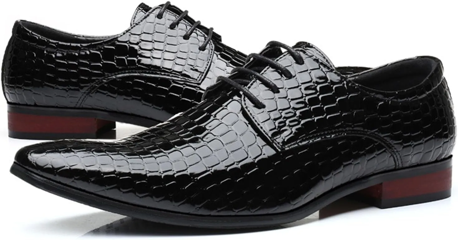 Men's Patterned Pointed Tie Up Business Formal Leather Shoes Classic and Fashionable Oxford Patent Leather Dress Leather Shoes