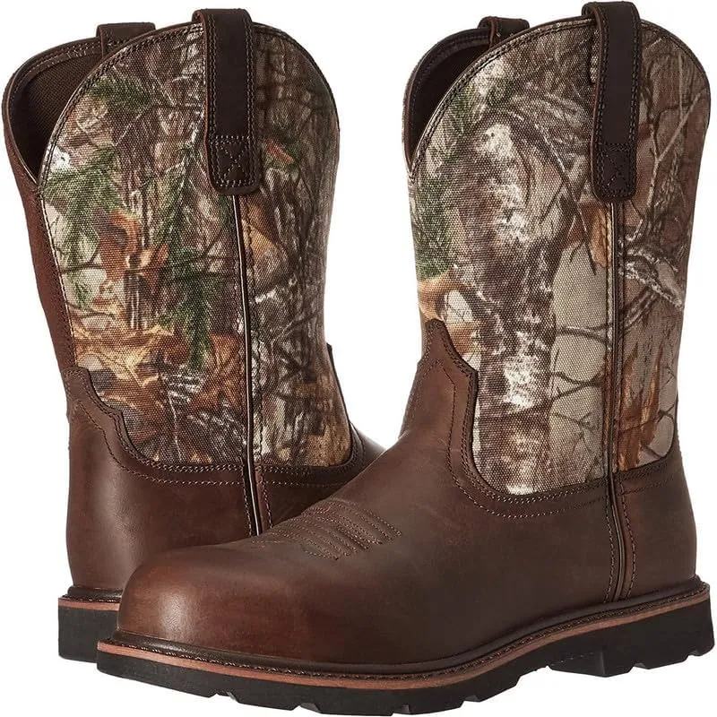 Mens Western Boots Mid Calf Boots Casual Chunky Heel Wide Country Boot Brown Cowboy Boots Embroidered Round Toe Dress Boots