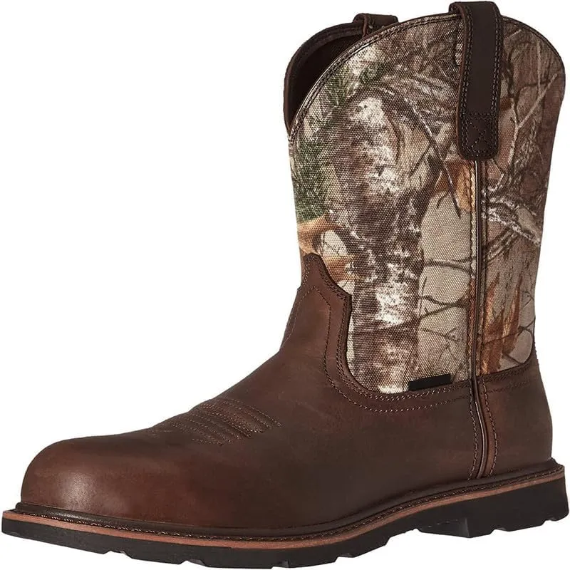 Mens Western Boots Mid Calf Boots Casual Chunky Heel Wide Country Boot Brown Cowboy Boots Embroidered Round Toe Dress Boots