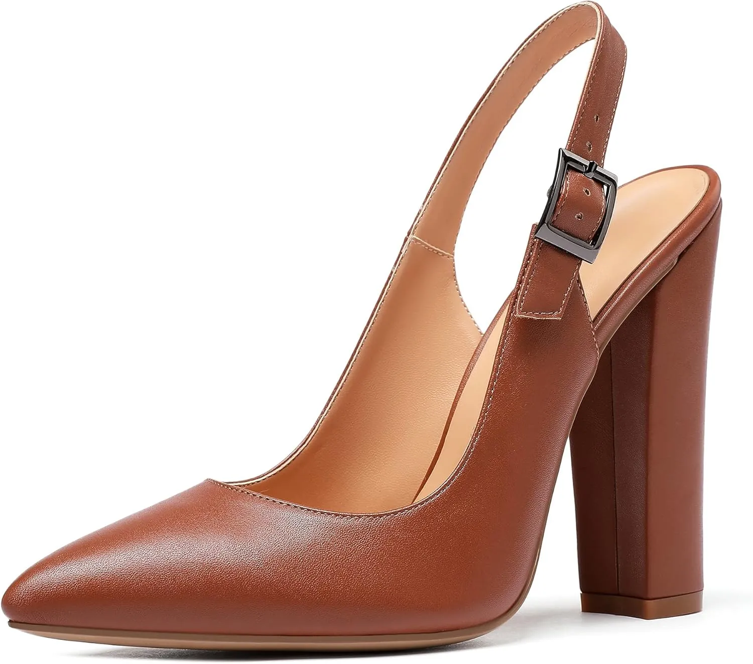 Mettesally Women's Slingback Chunky Block High Heels Pointed Toe Pumps Ankle Strap Party Office Heeled Shoes