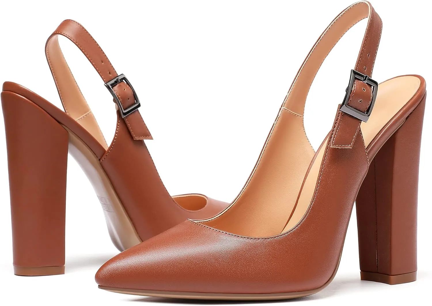 Mettesally Women's Slingback Chunky Block High Heels Pointed Toe Pumps Ankle Strap Party Office Heeled Shoes