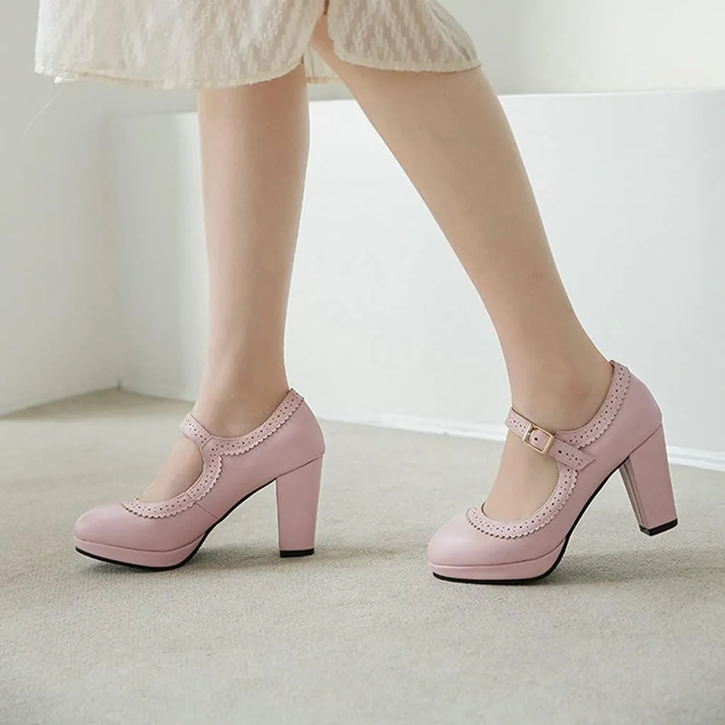 MIOKE Women's Retro Mary Jane Pumps Round Toe Platform Chunky Block High Heel Vintage Dress Oxford Shoes