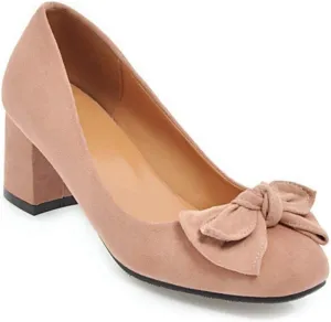 MIOKE Women's Square Toe Chunky Mid Block Heel Pumps Suede Slip-On Casual Comfort Work Office Dress Shoes