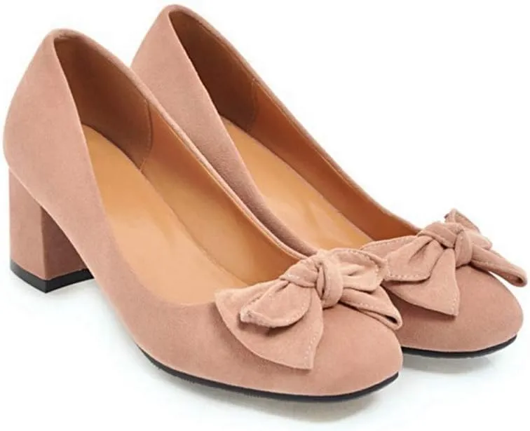 MIOKE Women's Square Toe Chunky Mid Block Heel Pumps Suede Slip-On Casual Comfort Work Office Dress Shoes
