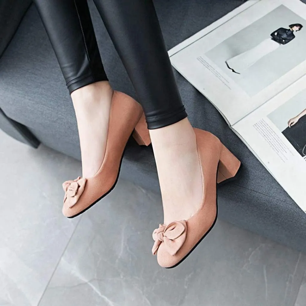 MIOKE Women's Square Toe Chunky Mid Block Heel Pumps Suede Slip-On Casual Comfort Work Office Dress Shoes