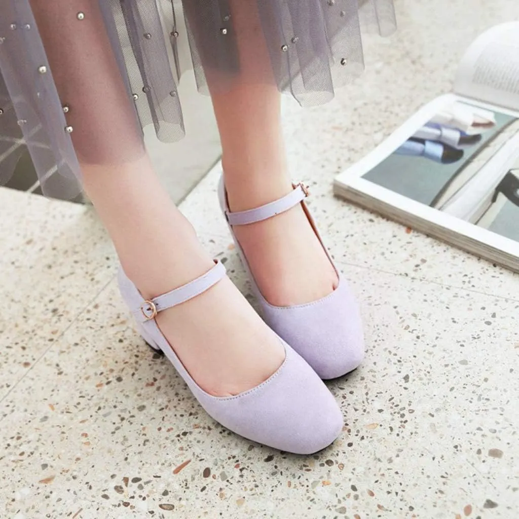 MIOKE Women's Square Toe Mary Jane Pumps Suede Buckle Strap Slip On Chunky Block Mid Heel Retro Dress Shoes