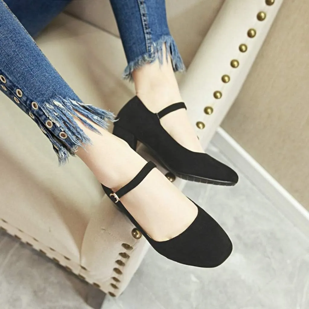MIOKE Women's Square Toe Mary Jane Pumps Suede Buckle Strap Slip On Chunky Block Mid Heel Retro Dress Shoes