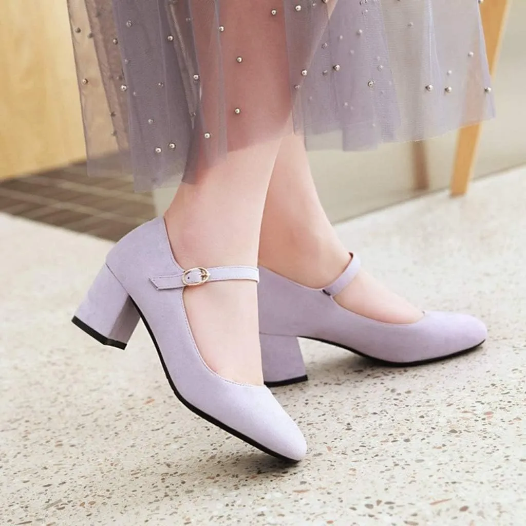 MIOKE Women's Square Toe Mary Jane Pumps Suede Buckle Strap Slip On Chunky Block Mid Heel Retro Dress Shoes