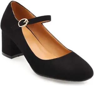 MIOKE Women's Square Toe Mary Jane Pumps Suede Buckle Strap Slip On Chunky Block Mid Heel Retro Dress Shoes
