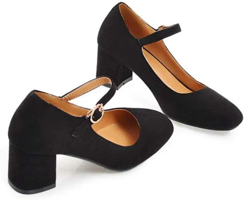 MIOKE Women's Square Toe Mary Jane Pumps Suede Buckle Strap Slip On Chunky Block Mid Heel Retro Dress Shoes