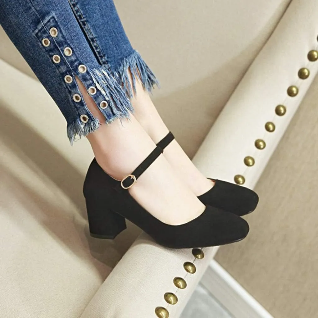 MIOKE Women's Square Toe Mary Jane Pumps Suede Buckle Strap Slip On Chunky Block Mid Heel Retro Dress Shoes