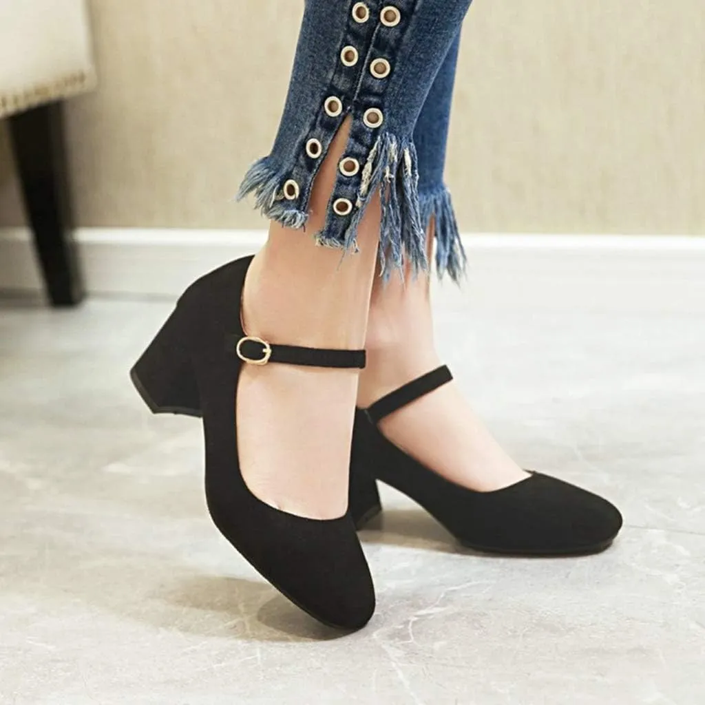 MIOKE Women's Square Toe Mary Jane Pumps Suede Buckle Strap Slip On Chunky Block Mid Heel Retro Dress Shoes