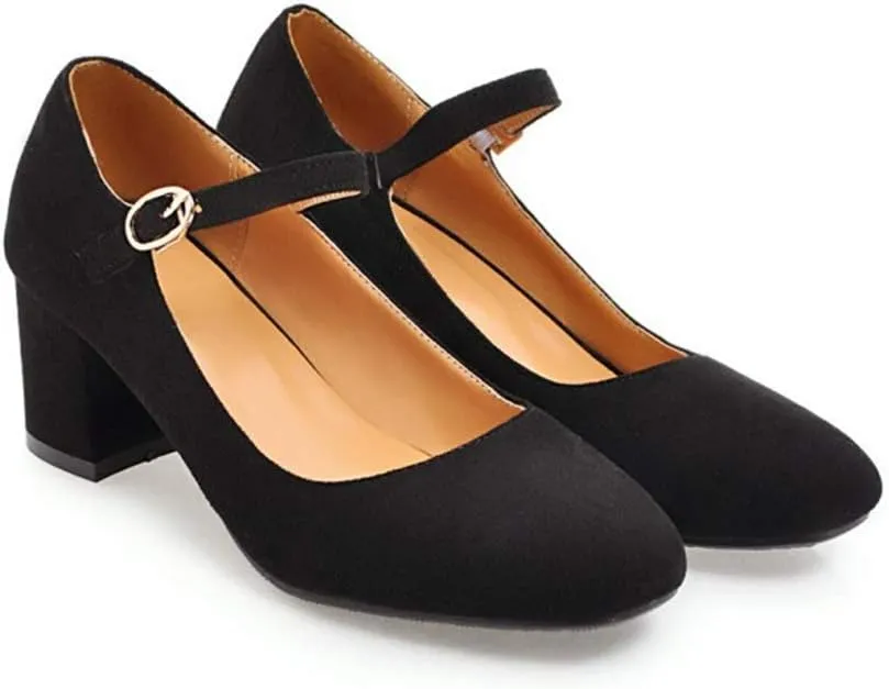 MIOKE Women's Square Toe Mary Jane Pumps Suede Buckle Strap Slip On Chunky Block Mid Heel Retro Dress Shoes