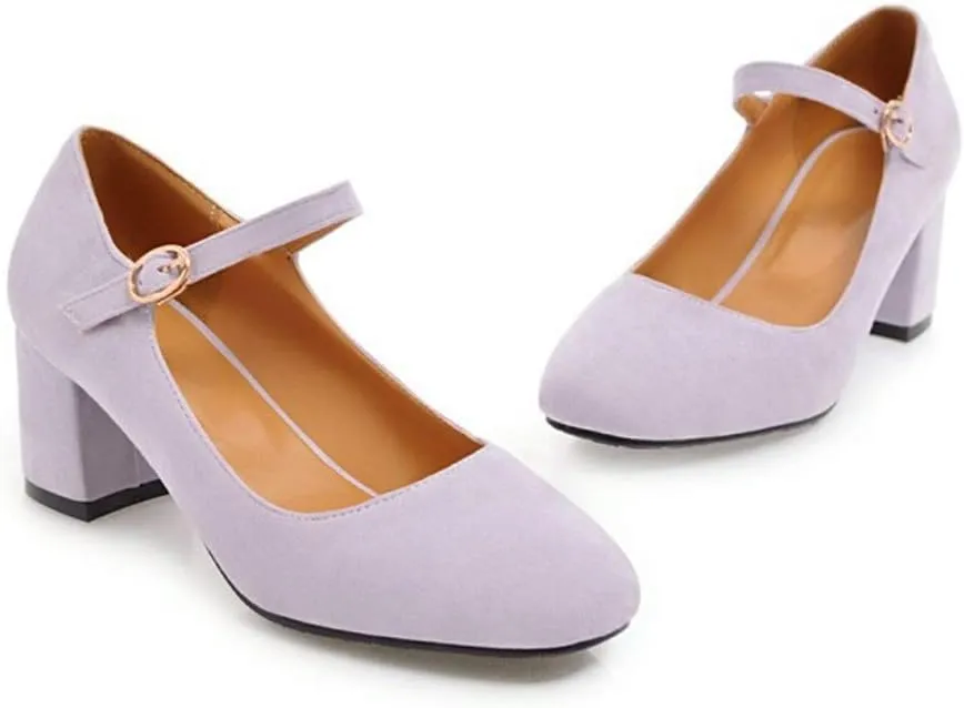 MIOKE Women's Square Toe Mary Jane Pumps Suede Buckle Strap Slip On Chunky Block Mid Heel Retro Dress Shoes