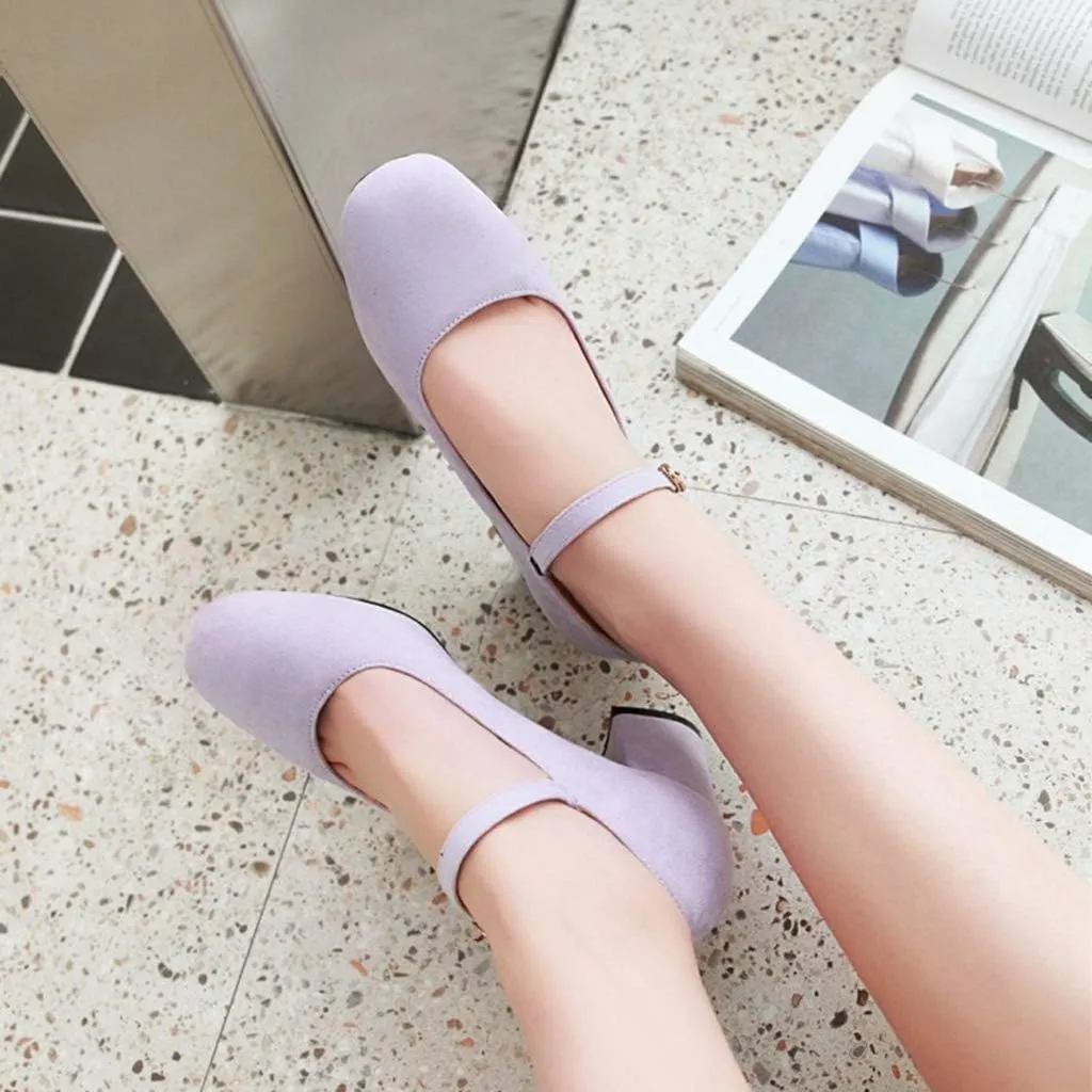 MIOKE Women's Square Toe Mary Jane Pumps Suede Buckle Strap Slip On Chunky Block Mid Heel Retro Dress Shoes