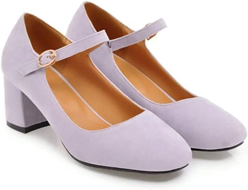 MIOKE Women's Square Toe Mary Jane Pumps Suede Buckle Strap Slip On Chunky Block Mid Heel Retro Dress Shoes