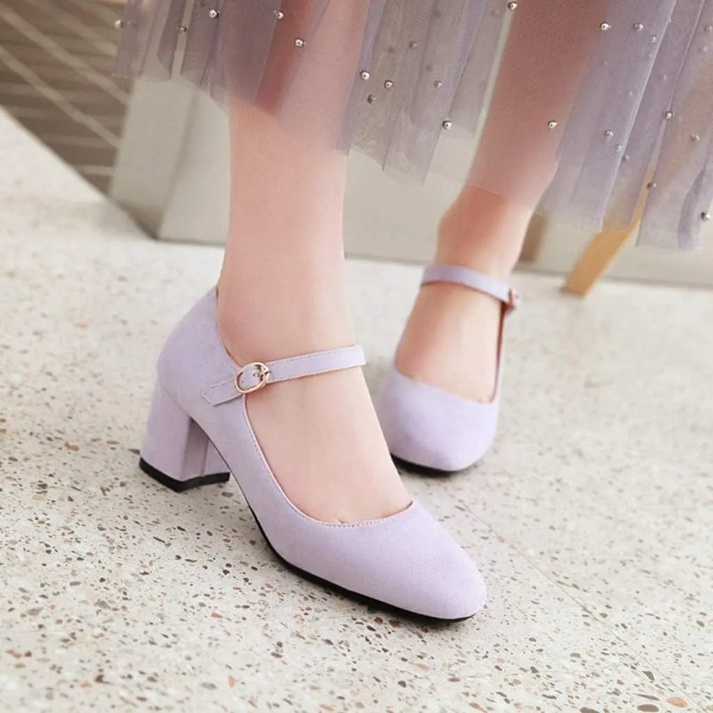 MIOKE Women's Square Toe Mary Jane Pumps Suede Buckle Strap Slip On Chunky Block Mid Heel Retro Dress Shoes