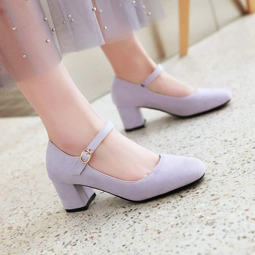 MIOKE Women's Square Toe Mary Jane Pumps Suede Buckle Strap Slip On Chunky Block Mid Heel Retro Dress Shoes