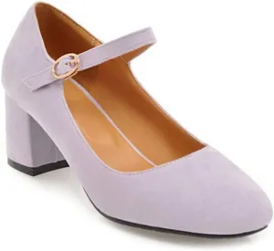 MIOKE Women's Square Toe Mary Jane Pumps Suede Buckle Strap Slip On Chunky Block Mid Heel Retro Dress Shoes