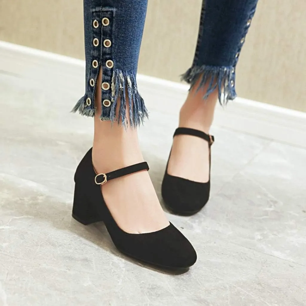 MIOKE Women's Square Toe Mary Jane Pumps Suede Buckle Strap Slip On Chunky Block Mid Heel Retro Dress Shoes