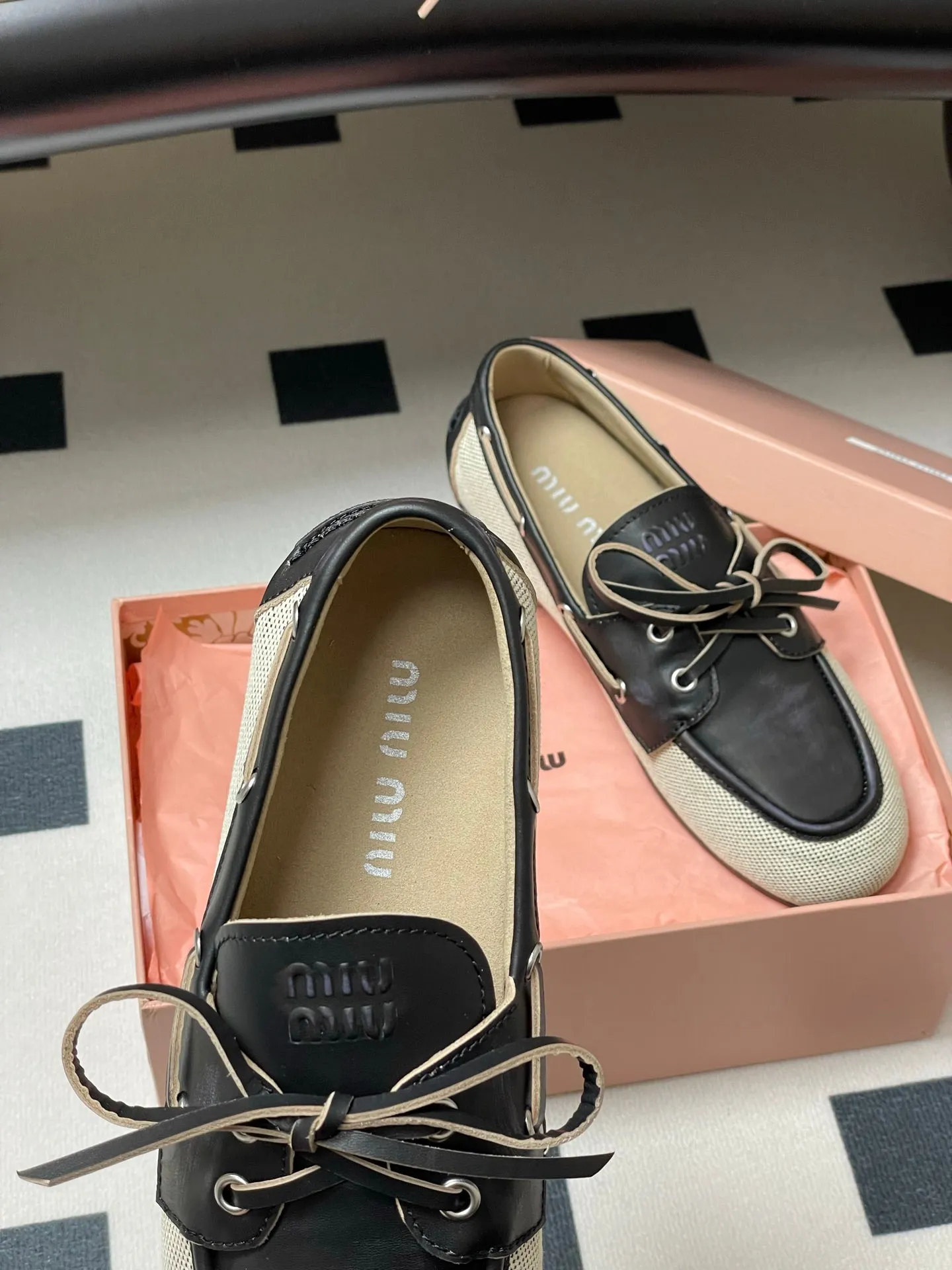Miumiu Beige and Black canvas leather loafer 227140