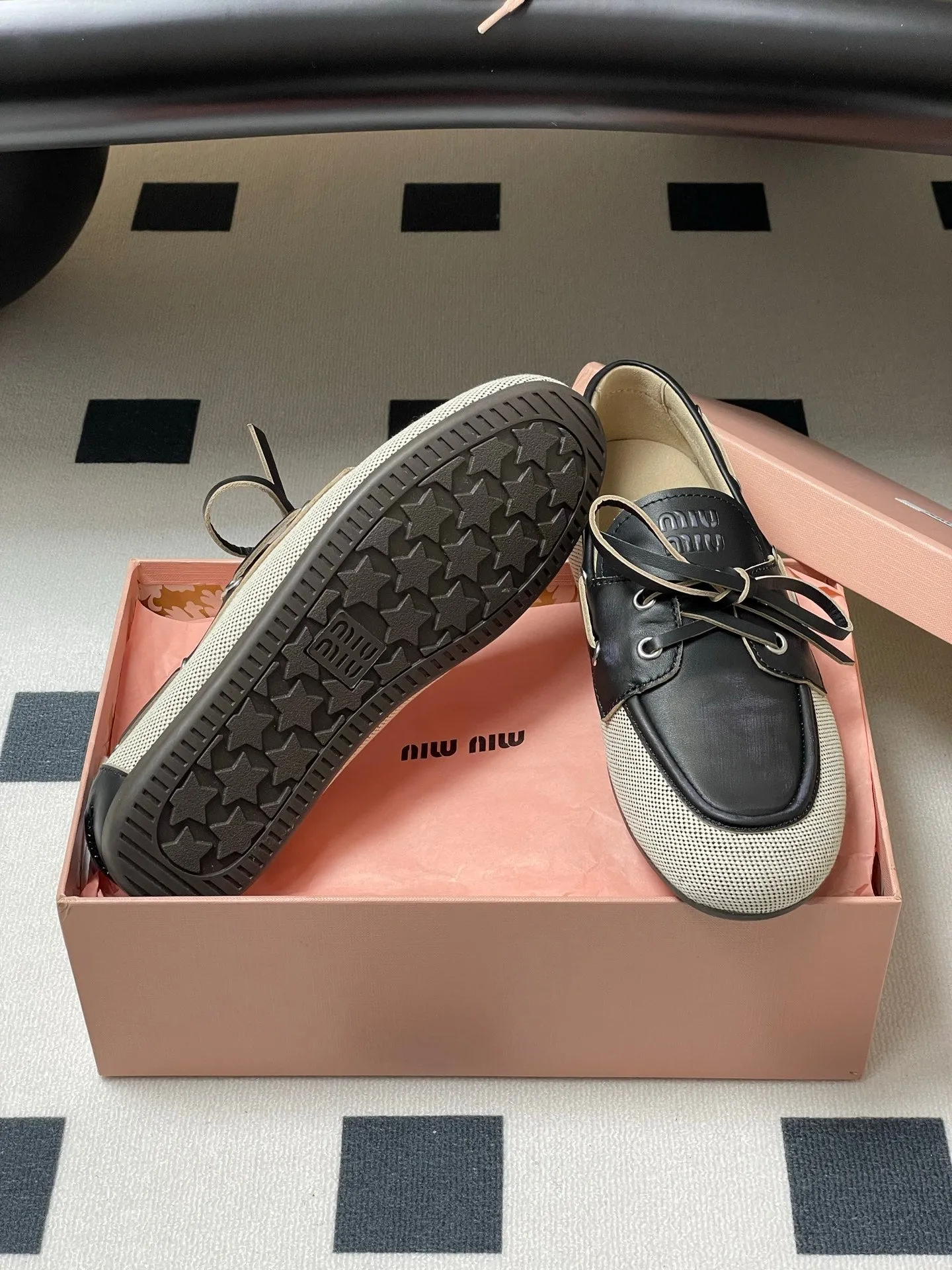 Miumiu Beige and Black canvas leather loafer 227140