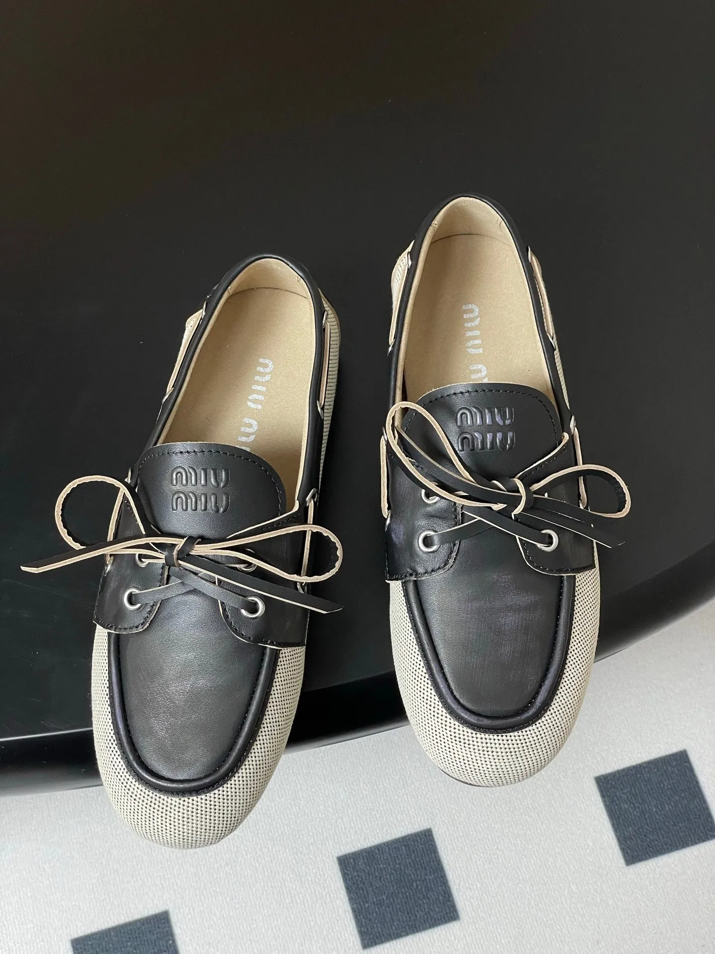 Miumiu Beige and Black canvas leather loafer 227140
