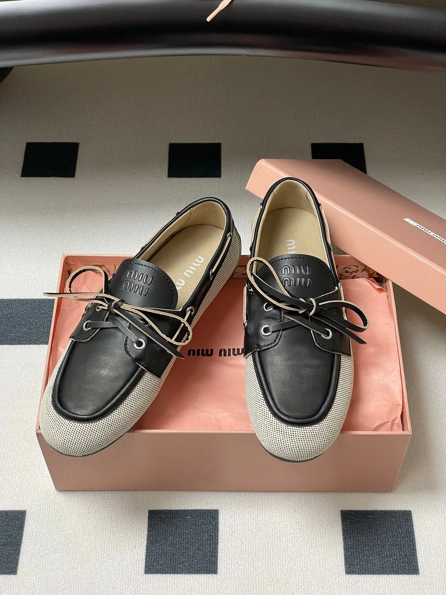 Miumiu Beige and Black canvas leather loafer 227140