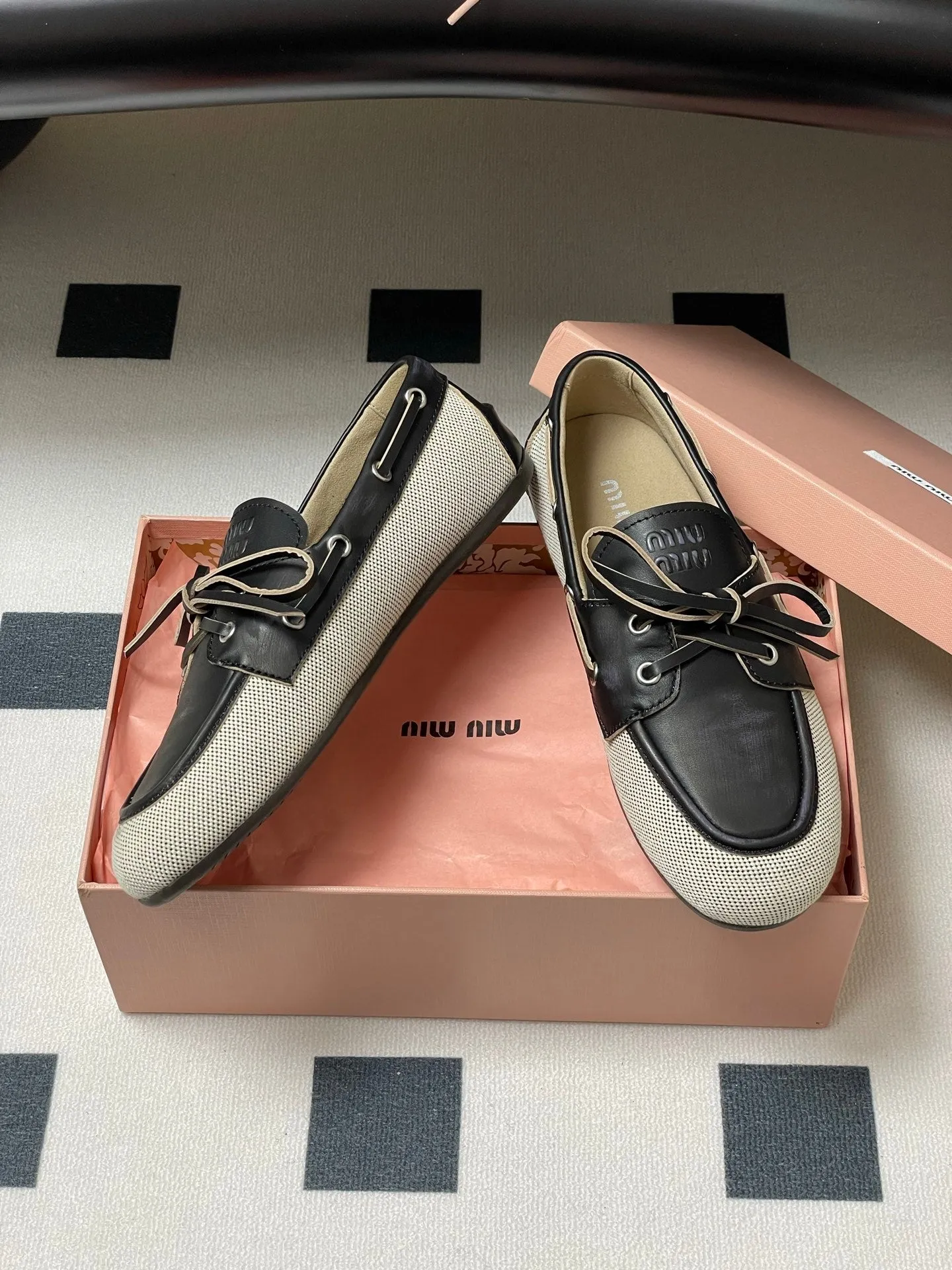 Miumiu Beige and Black canvas leather loafer 227140