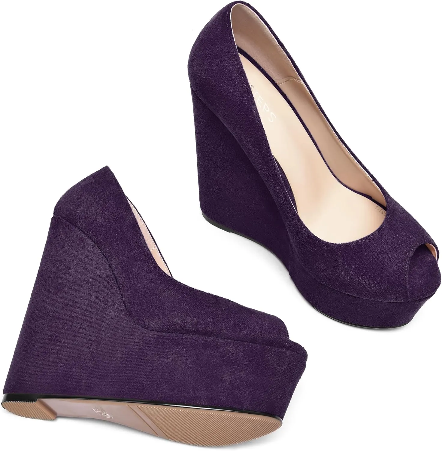 MOVINSTEPS Womens Fashion Peep Toe Suede Night Club Slip On Platform Wedge High Heel Pumps Shoes 6 Inch