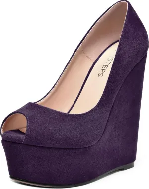 MOVINSTEPS Womens Fashion Peep Toe Suede Night Club Slip On Platform Wedge High Heel Pumps Shoes 6 Inch