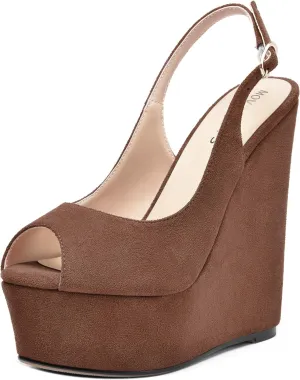 MOVINSTEPS Womens Platform Wedding Buckle Peep Toe Slingback Solid Dress Suede Wedge High Heel Pumps Shoes 6 Inch