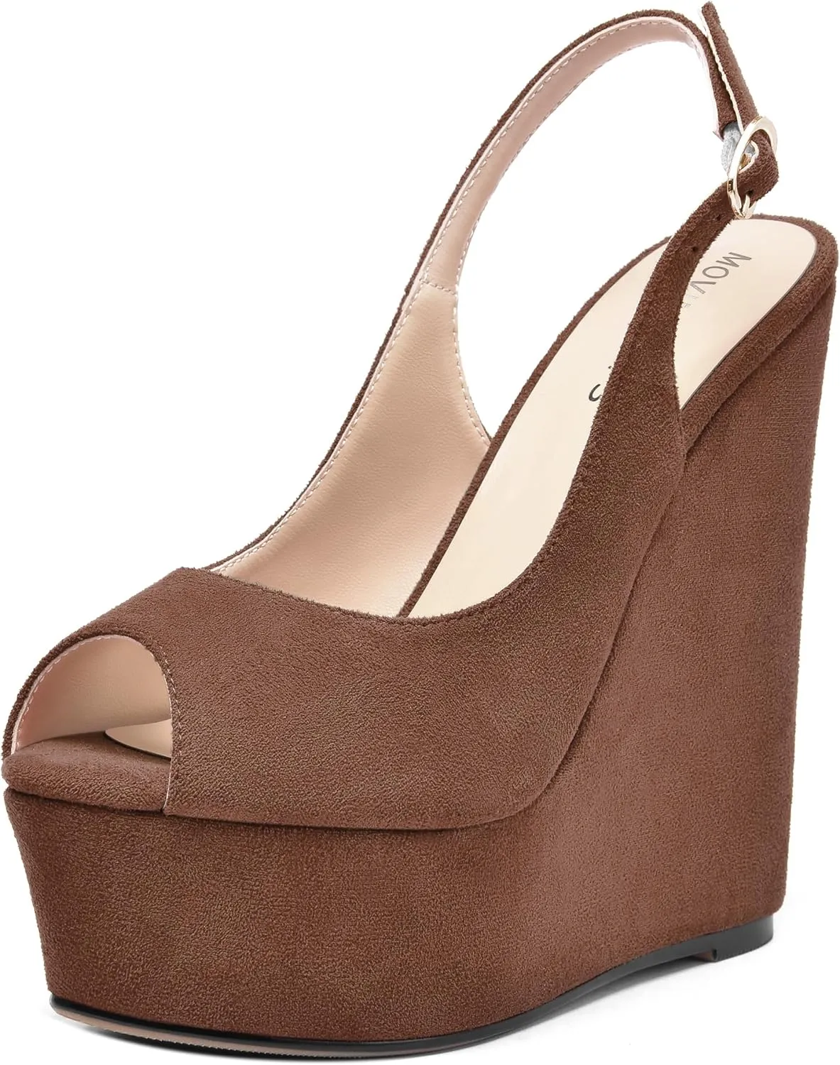 MOVINSTEPS Womens Platform Wedding Buckle Peep Toe Slingback Solid Dress Suede Wedge High Heel Pumps Shoes 6 Inch