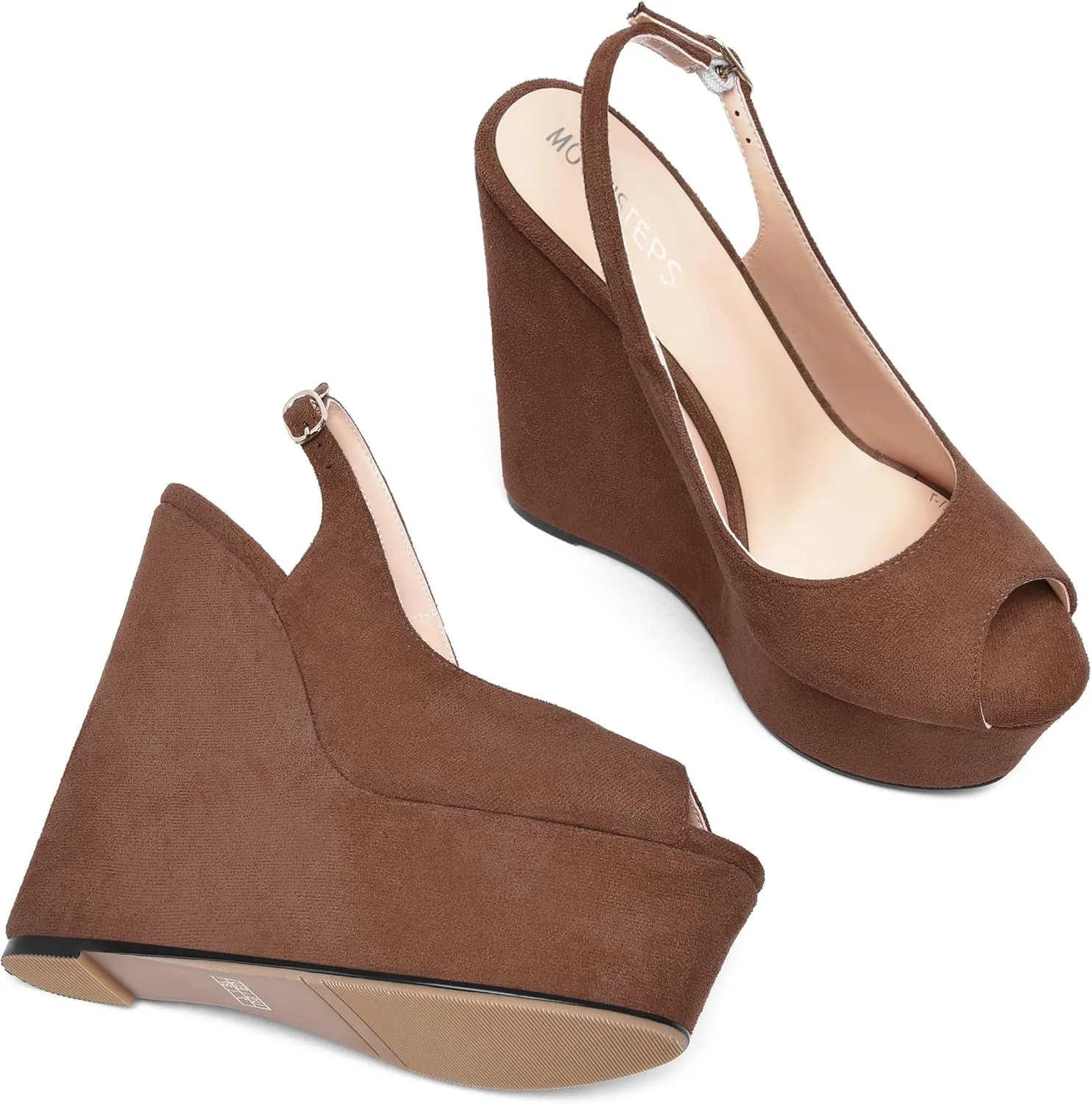 MOVINSTEPS Womens Platform Wedding Buckle Peep Toe Slingback Solid Dress Suede Wedge High Heel Pumps Shoes 6 Inch