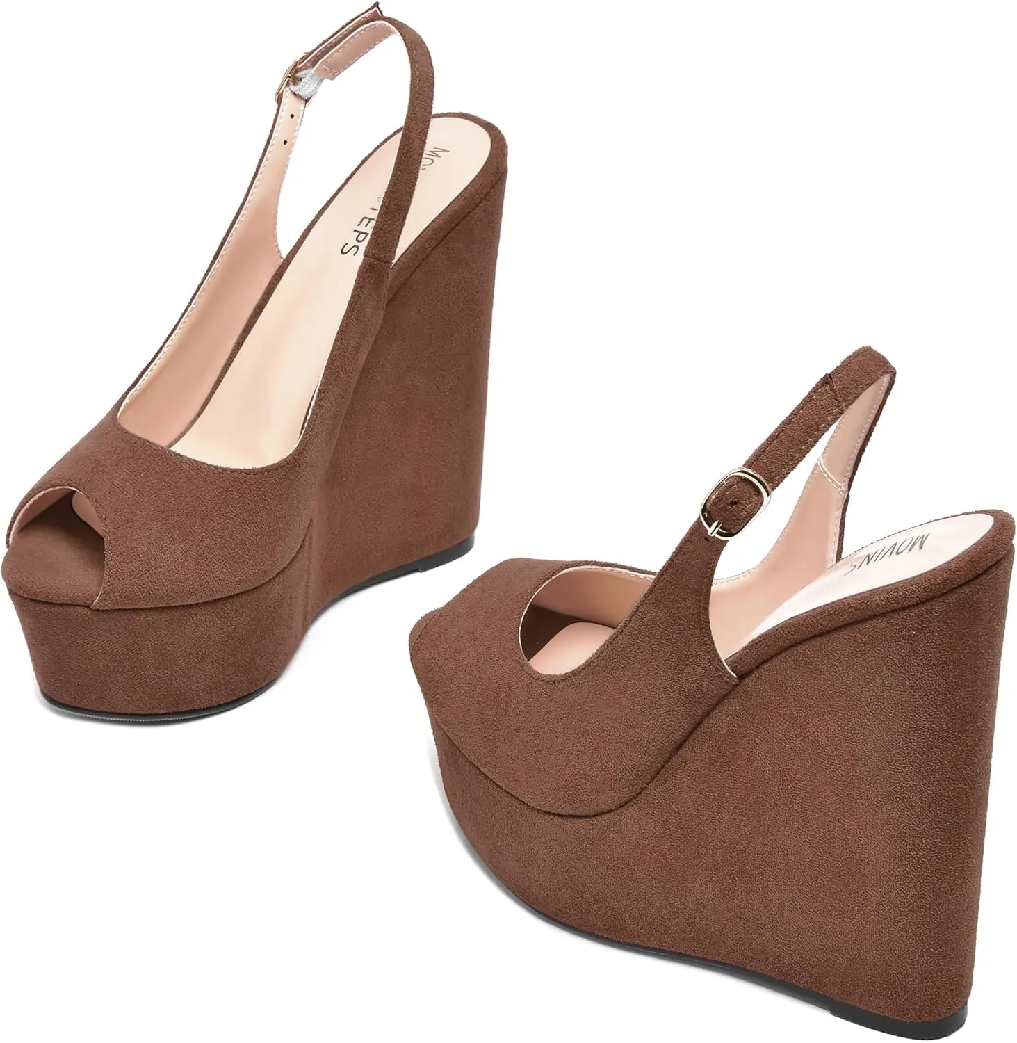 MOVINSTEPS Womens Platform Wedding Buckle Peep Toe Slingback Solid Dress Suede Wedge High Heel Pumps Shoes 6 Inch